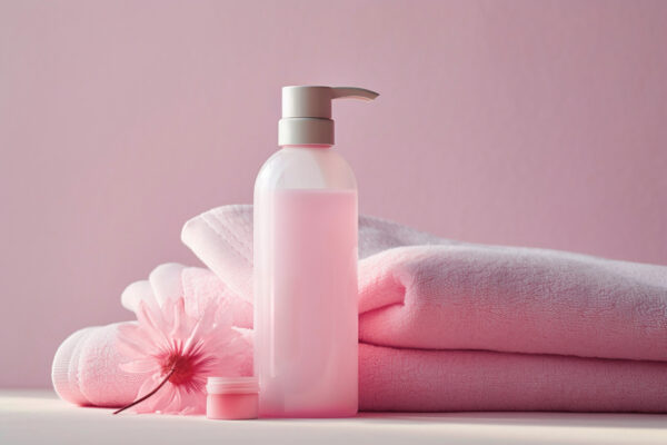 Cream cleanser bottle beside towel